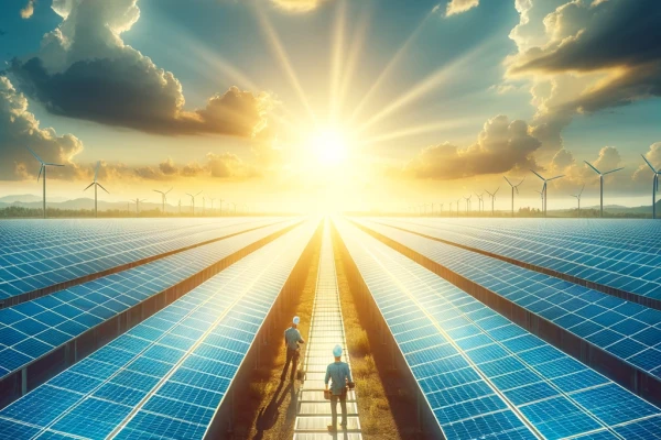 DALL·E 2024 06 11 21.13.08 – A large solar farm with rows of solar panels stretching into the distance under a bright blue sky. The panels are angled to maximize sunlight capture,
