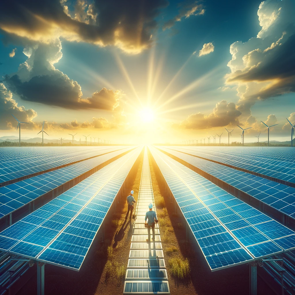 DALL·E 2024-06-11 21.13.08 - A large solar farm with rows of solar panels stretching into the distance under a bright blue sky. The panels are angled to maximize sunlight capture,