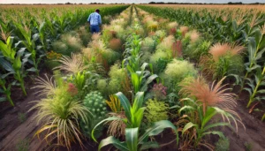 DALL·E 2024-07-03 11.07.53 - A cornfield showing the impact of invasive weeds. The foreground features corn plants struggling to grow amidst a variety of common weeds such as crab