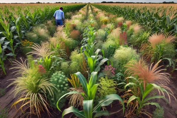DALL·E 2024 07 03 11.07.53 – A cornfield showing the impact of invasive weeds. The foreground features corn plants struggling to grow amidst a variety of common weeds such as crab