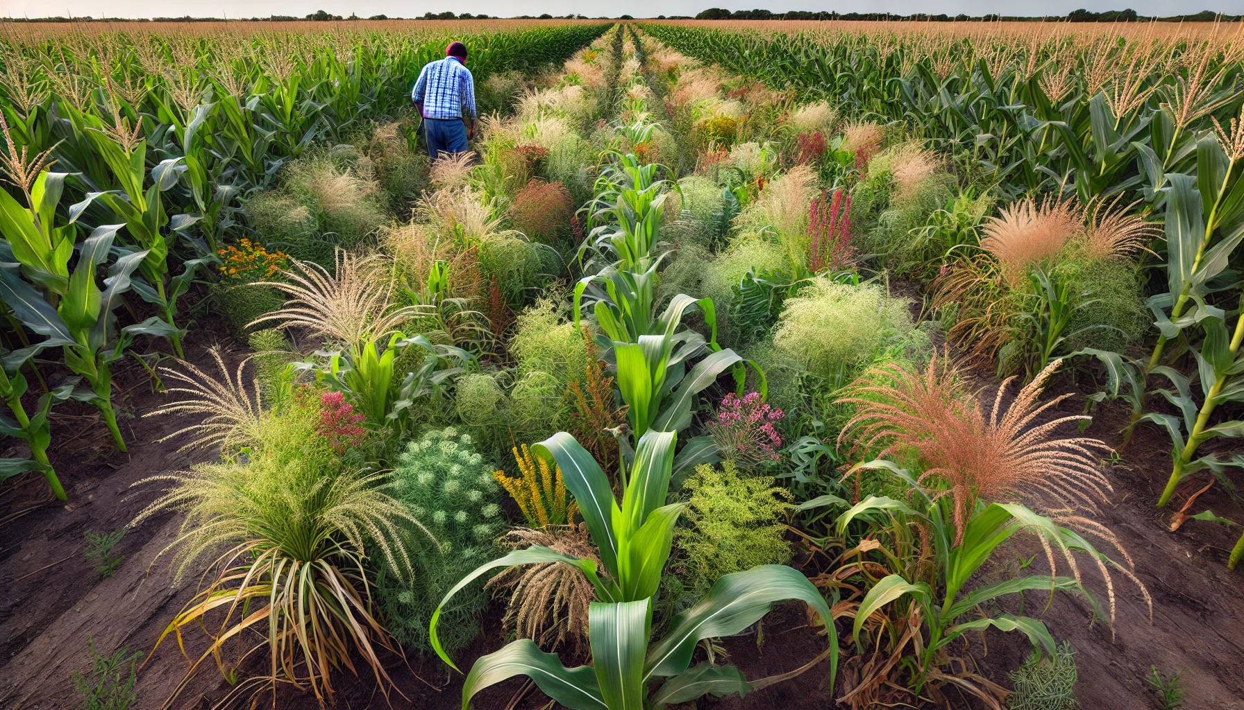 DALL·E 2024 07 03 11.07.53 – A cornfield showing the impact of invasive weeds. The foreground features corn plants struggling to grow amidst a variety of common weeds such as crab
