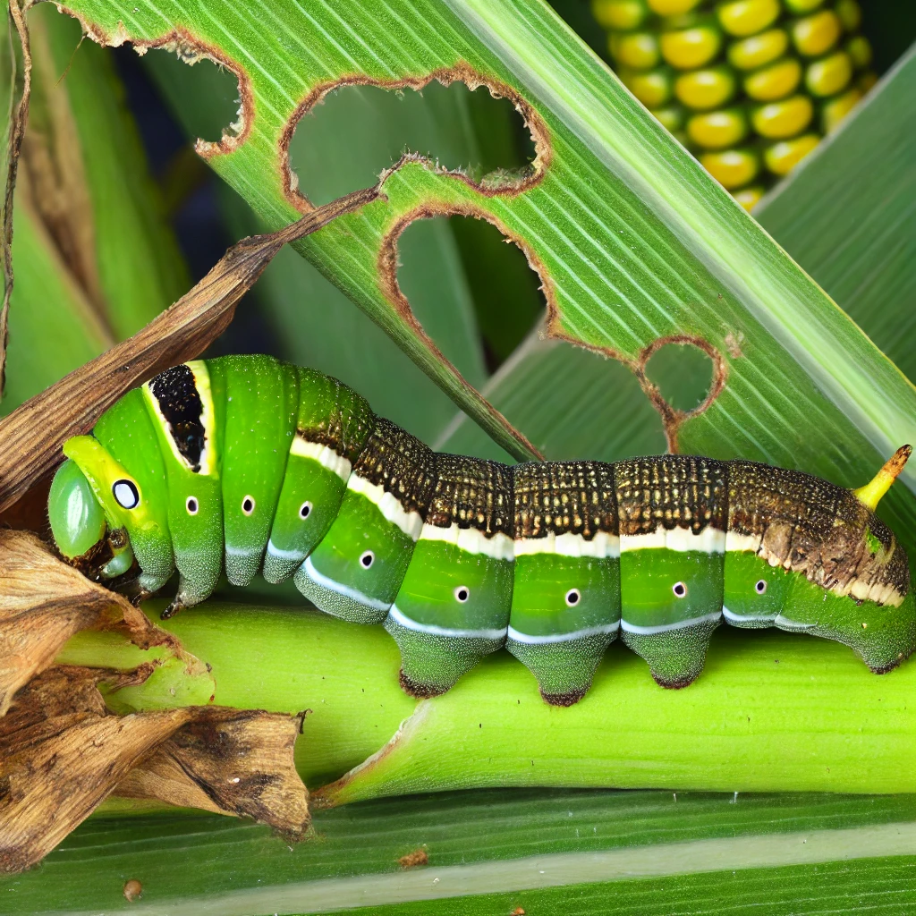 DALL·E 2024-08-02 17.19.38 - A detailed image of a Spodoptera frugiperda caterpillar, commonly known as the fall armyworm or lagarta-do-cartucho. The caterpillar has a cylindrical