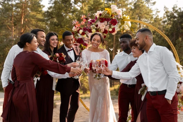 Pessoas curtindo casamento laranja queimado
