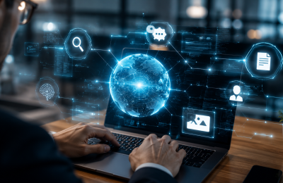 Profissional utilizando notebook com elementos holográficos de inteligência artificial, análise de conteúdo e conexões digitais, representando estratégias de GEO (Generative Engine Optimization) para aumentar a visibilidade online em mecanismos generativos e plataformas de IA.