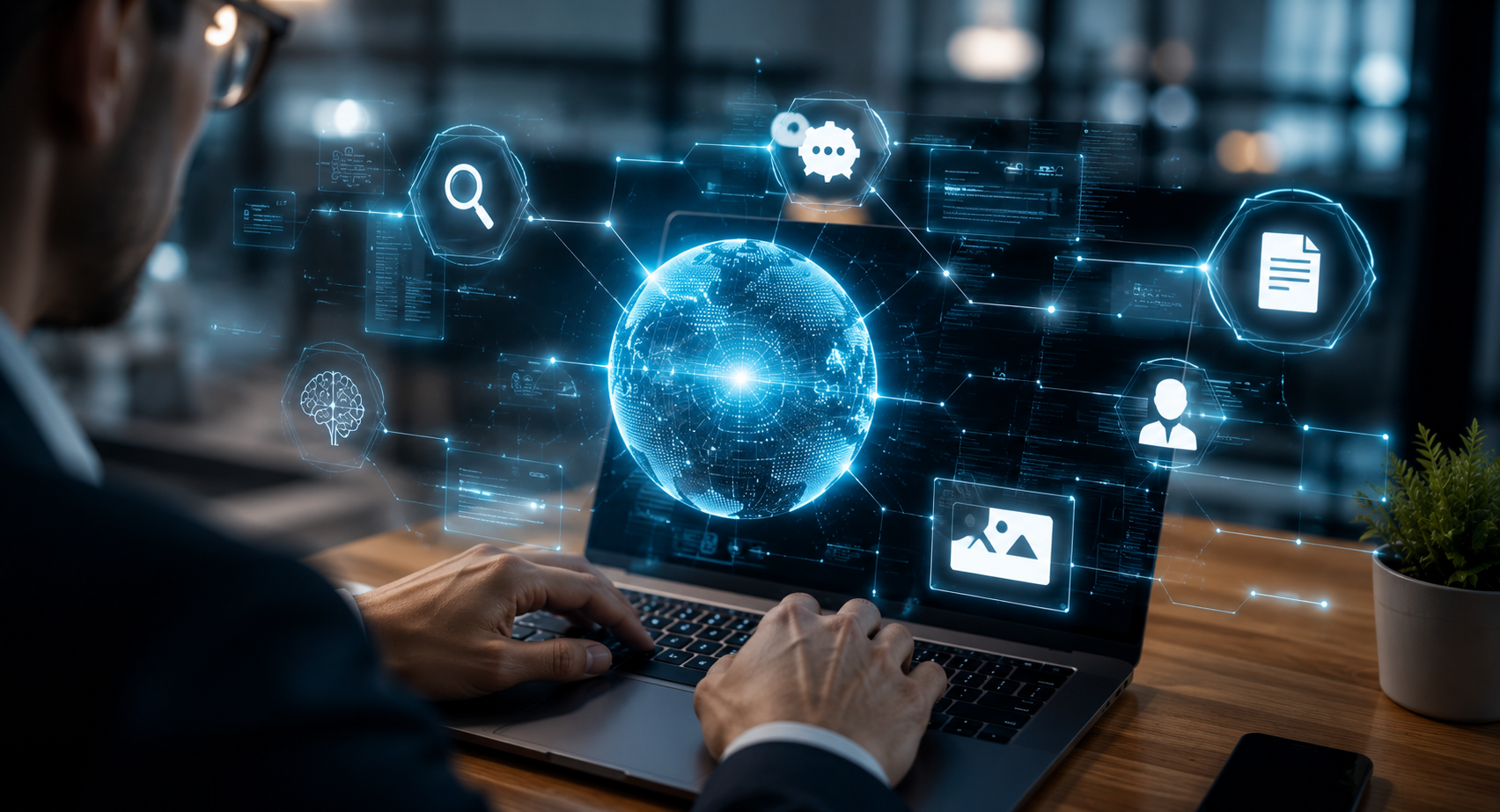 Profissional utilizando notebook com elementos holográficos de inteligência artificial, análise de conteúdo e conexões digitais, representando estratégias de GEO (Generative Engine Optimization) para aumentar a visibilidade online em mecanismos generativos e plataformas de IA.