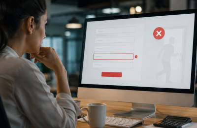 Profissional analisando um formulário com erro em tela de computador, representando abandono de formulários no site, problemas de usabilidade, perda de leads e desafios na otimização da taxa de conversão.