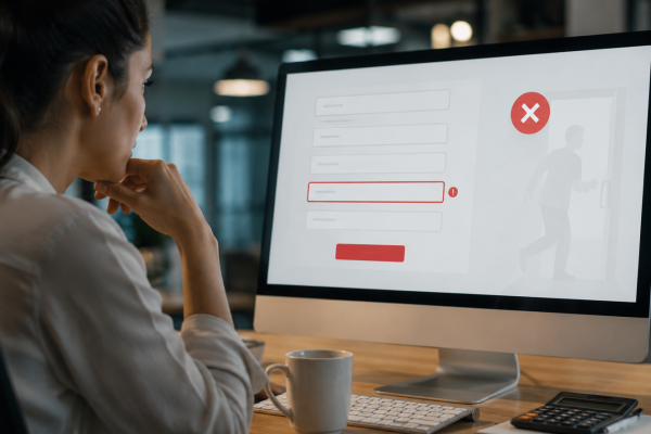 Profissional analisando um formulário com erro em tela de computador, representando abandono de formulários no site, problemas de usabilidade, perda de leads e desafios na otimização da taxa de conversão.
