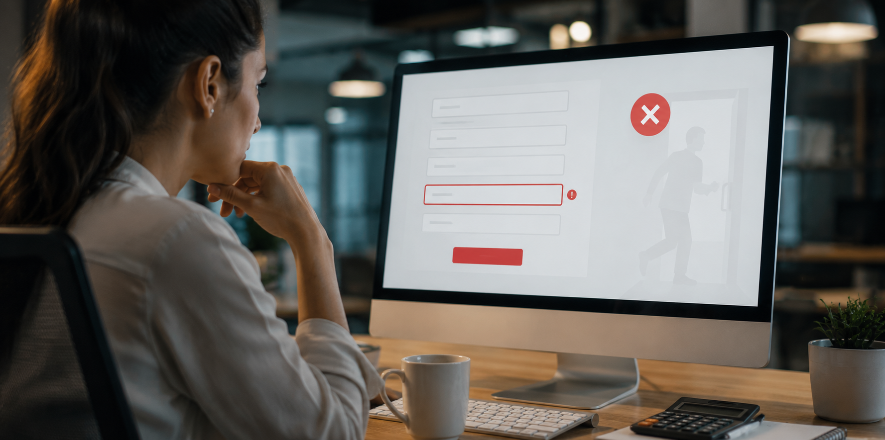 Profissional analisando um formulário com erro em tela de computador, representando abandono de formulários no site, problemas de usabilidade, perda de leads e desafios na otimização da taxa de conversão.