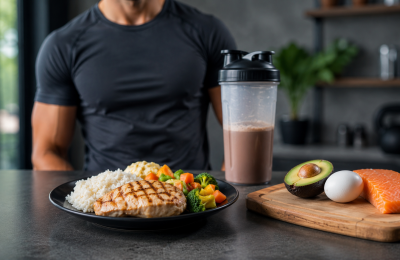 Prato com alimentos saudáveis e ricos em proteínas ao lado de suplementos e atleta em ambiente moderno, representando a importância da nutrição para o desempenho físico, recuperação muscular e saúde de praticantes de exercícios.