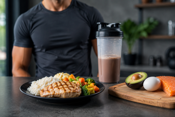 Prato com alimentos saudáveis e ricos em proteínas ao lado de suplementos e atleta em ambiente moderno, representando a importância da nutrição para o desempenho físico, recuperação muscular e saúde de praticantes de exercícios.