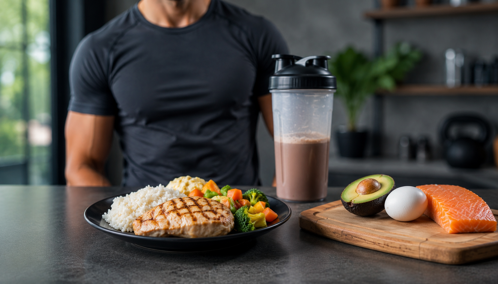 Prato com alimentos saudáveis e ricos em proteínas ao lado de suplementos e atleta em ambiente moderno, representando a importância da nutrição para o desempenho físico, recuperação muscular e saúde de praticantes de exercícios.