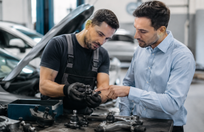 Consultor automotivo orientando um cliente na escolha de uma botinha automotiva confiável em uma oficina, destacando a importância de utilizar peças de qualidade para garantir segurança, durabilidade e desempenho do veículo.