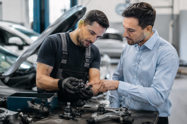 Consultor automotivo orientando um cliente na escolha de uma botinha automotiva confiável em uma oficina, destacando a importância de utilizar peças de qualidade para garantir segurança, durabilidade e desempenho do veículo.