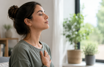 Mulher respirando tranquilamente pelo nariz em ambiente confortável, representando hábitos para melhorar a respiração nasal e prevenir a obstrução.
