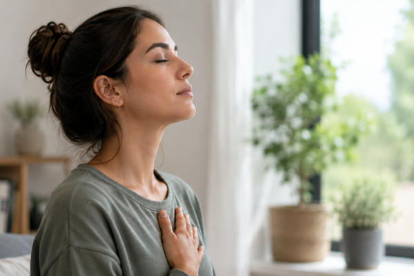 Mulher respirando tranquilamente pelo nariz em ambiente confortável, representando hábitos para melhorar a respiração nasal e prevenir a obstrução.