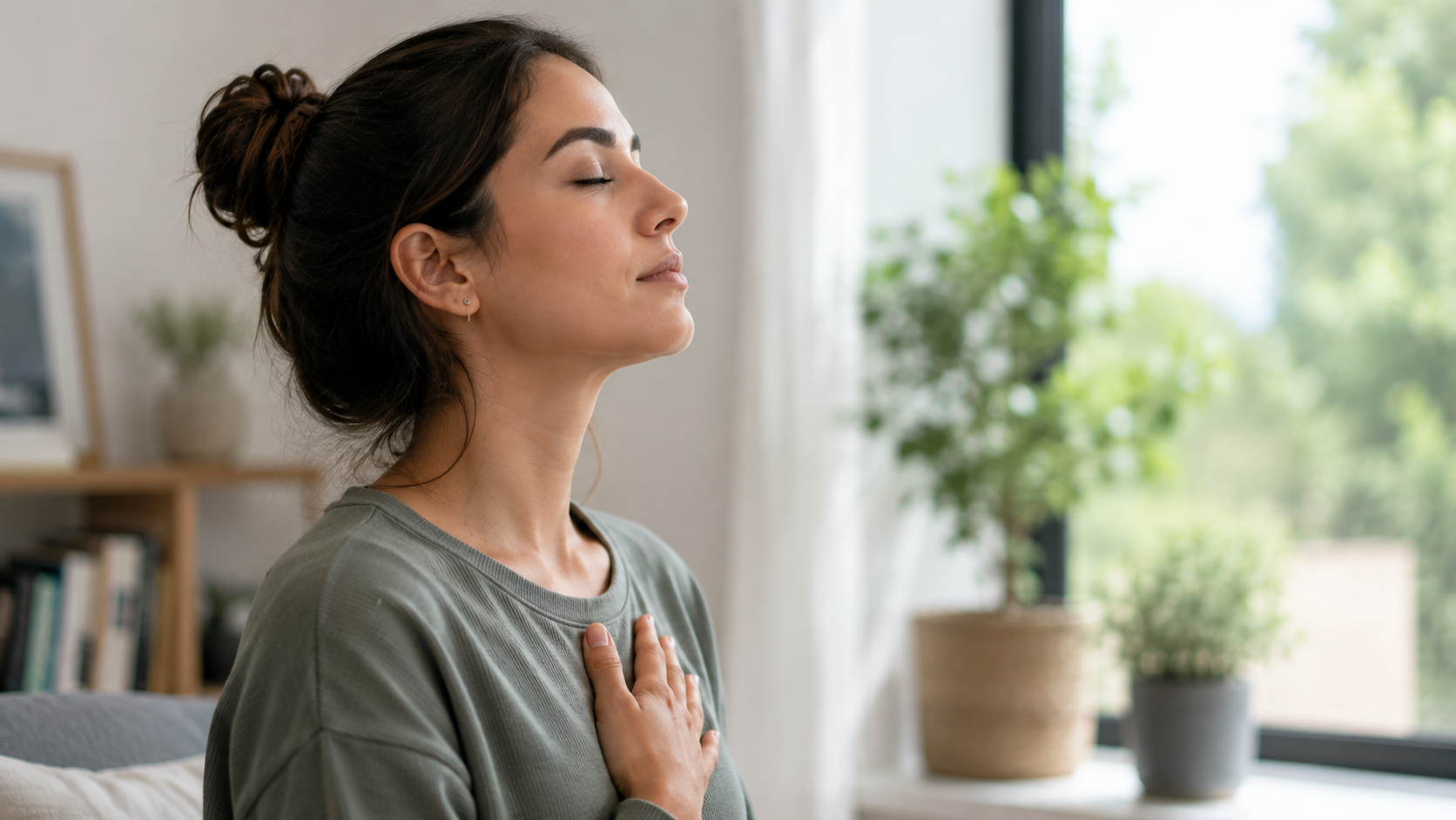Mulher respirando tranquilamente pelo nariz em ambiente confortável, representando hábitos para melhorar a respiração nasal e prevenir a obstrução.