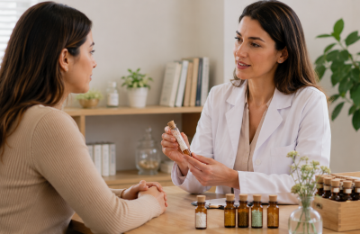 Médica homeopata orientando paciente durante consulta, representando situações em que a homeopatia pode ser utilizada como abordagem de cuidado à saúde.