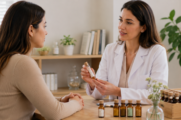 Médica homeopata orientando paciente durante consulta, representando situações em que a homeopatia pode ser utilizada como abordagem de cuidado à saúde.