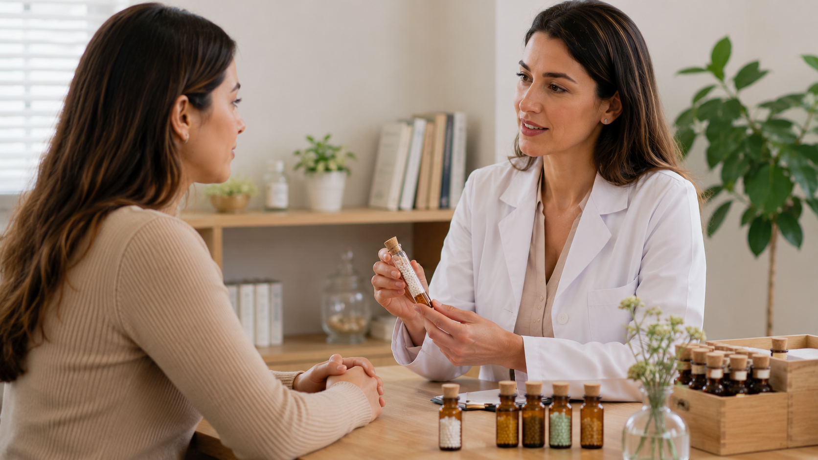 Médica homeopata orientando paciente durante consulta, representando situações em que a homeopatia pode ser utilizada como abordagem de cuidado à saúde.